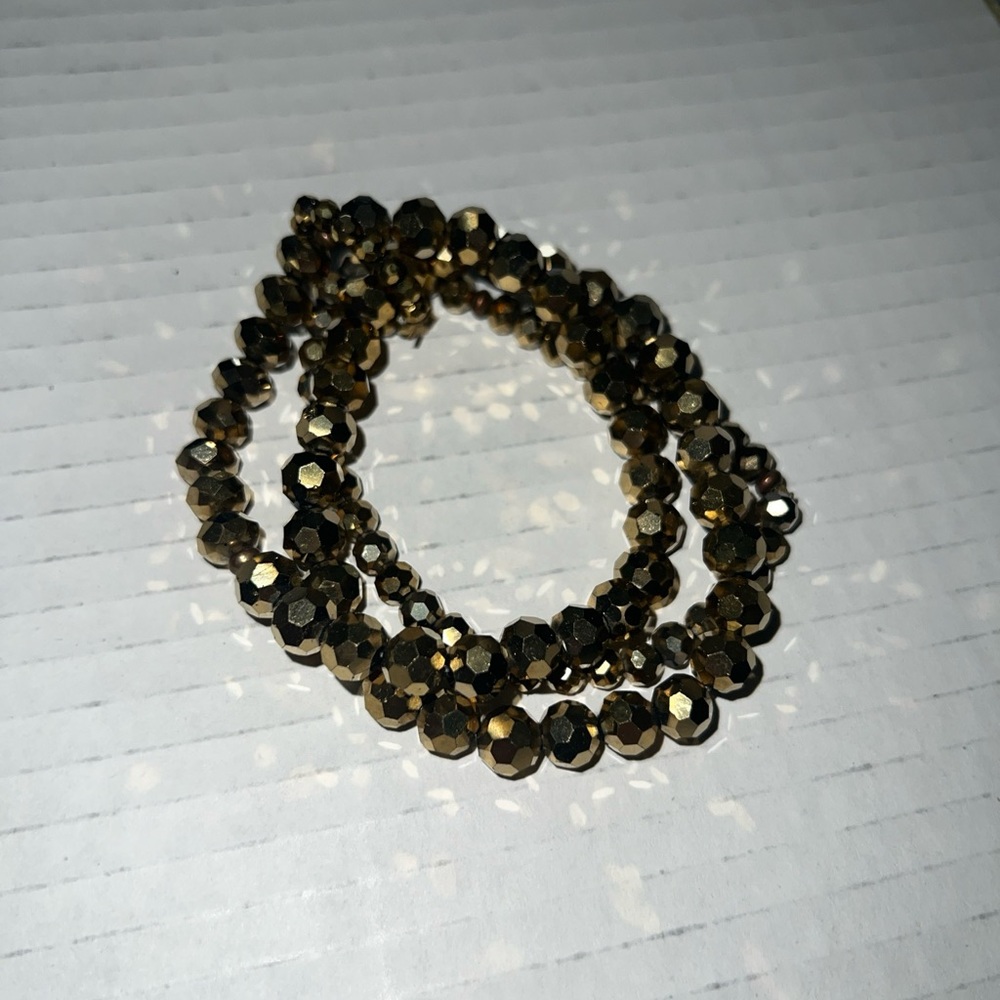 Set of Three Stretch Faceted Bronze Beaded Gold Bracelets Shiny